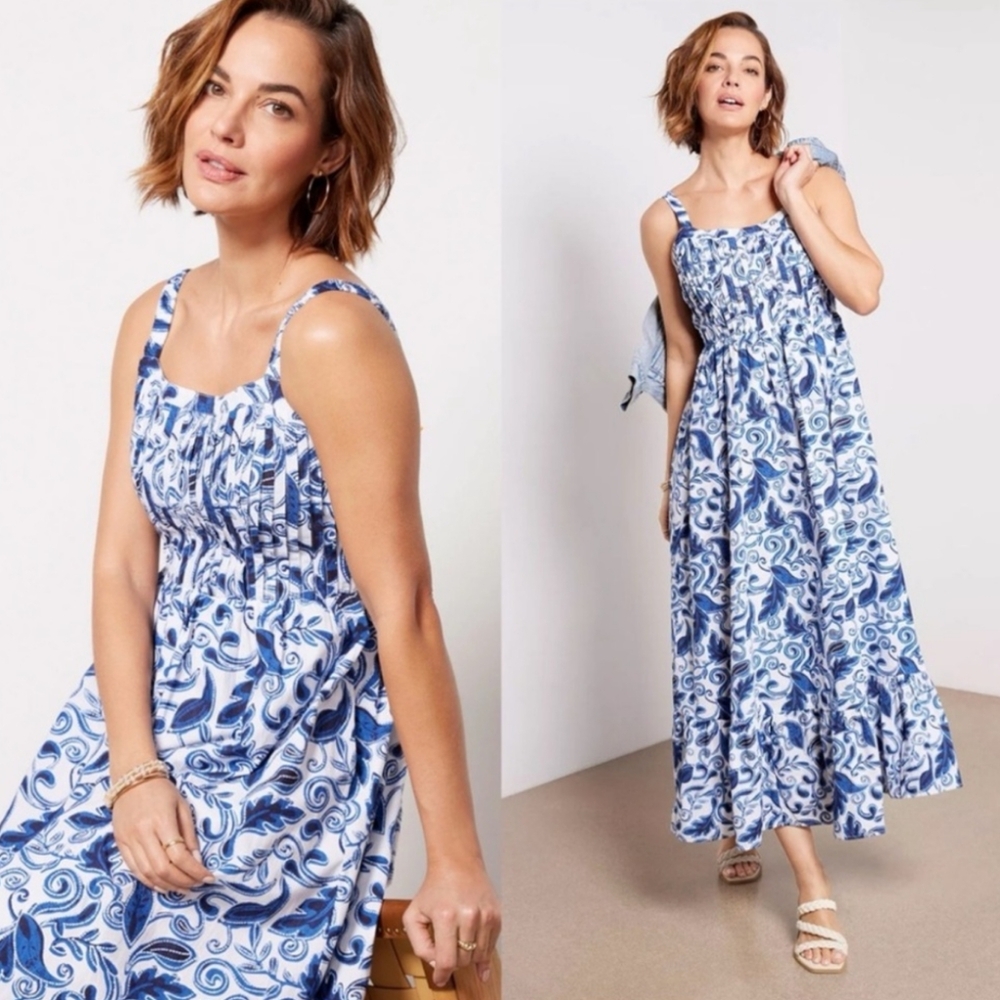 Cleobella Women's Tia Blue White Cottagecore Floral Ankle Dress Size Medium